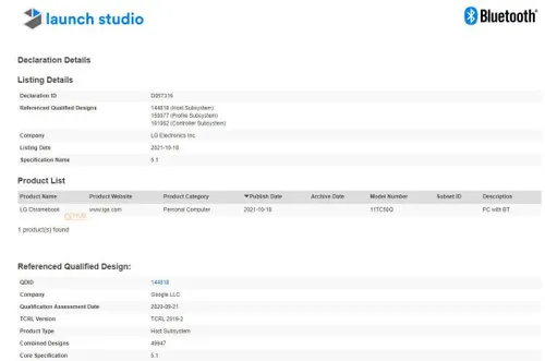 lg chromebook 11tc50q bluetooth sig certification