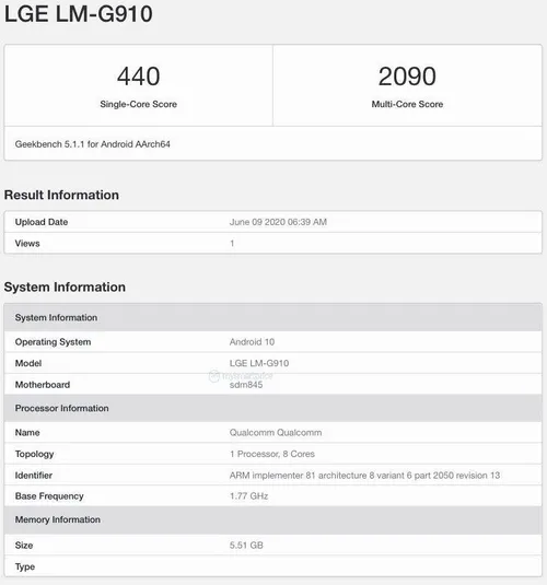 lg velvet 4g lm g910 geekbench