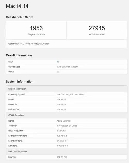 m2 ultra geekbench 5 single core and multi core scores