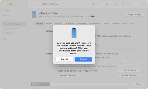 macos ventura finder sync iphone restore iphone to factory settings prompt