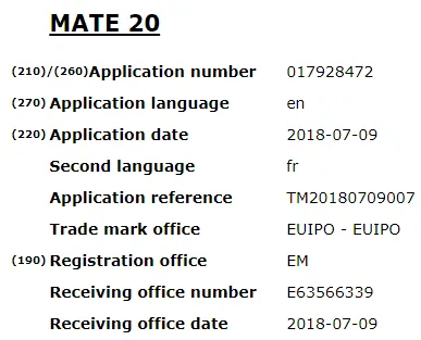 mate 20 moniker trademarked