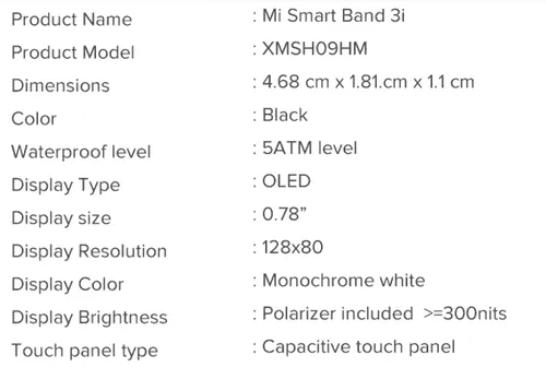 mi band 3i spec sheet