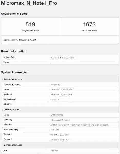 micromax in note 1 pro geekbench 1