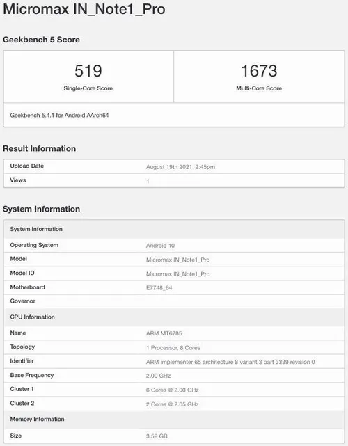 micromax in note1 pro geekbench 1