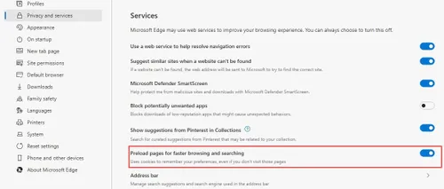 microsoft edge preload pages setting in privacy and services