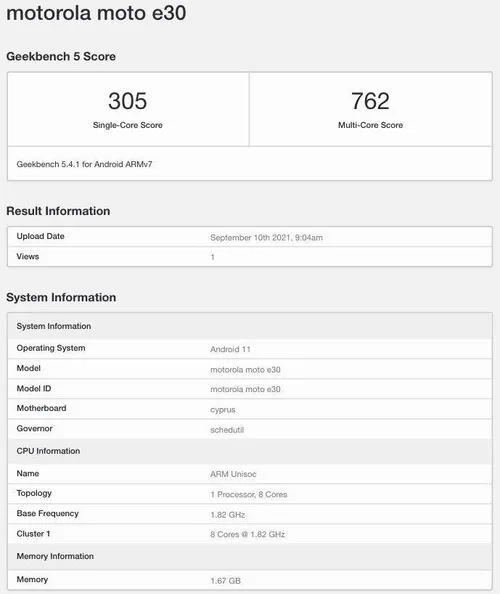 moto e30 geekbench listing