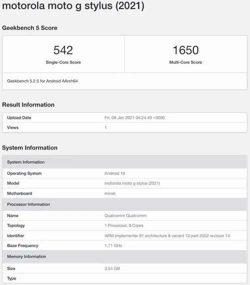 moto g stylus 2021 geekbench