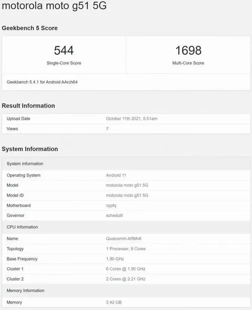 motorola moto g51 5g geekbench