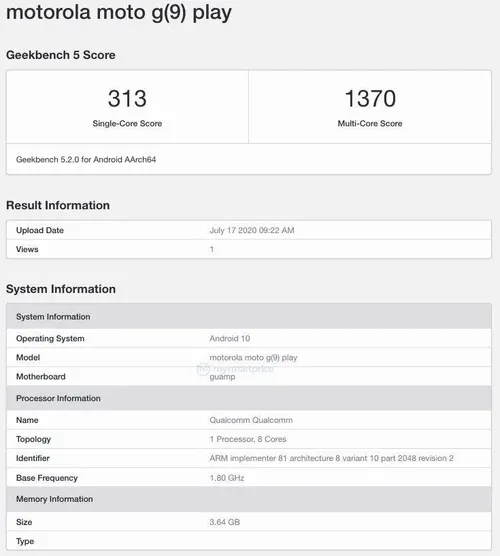motorola moto g9 play geekbench