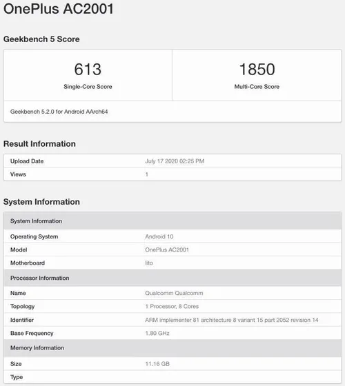 oneplus nord ac2001 geekbench