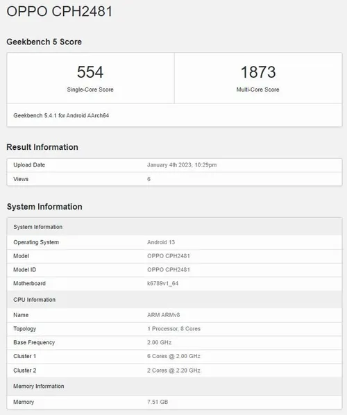 oppo reno 8t geekbench