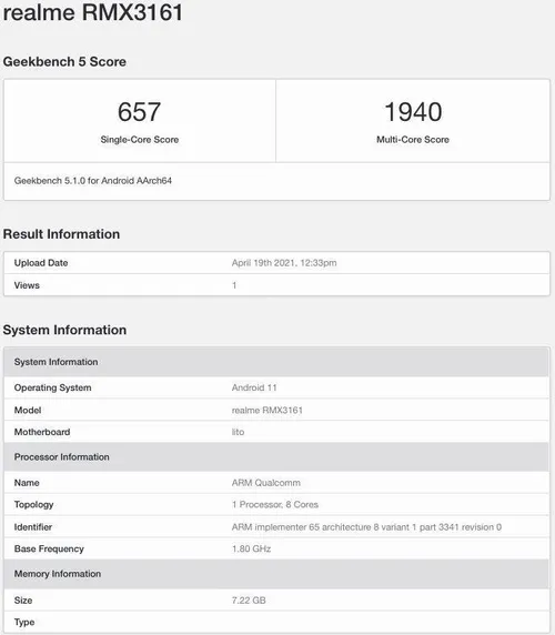 realme rmx3161 geekbench