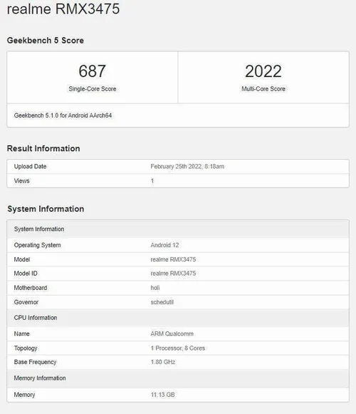 realme v25 geekbench listing