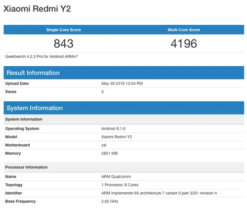 redmi y2 geekbench