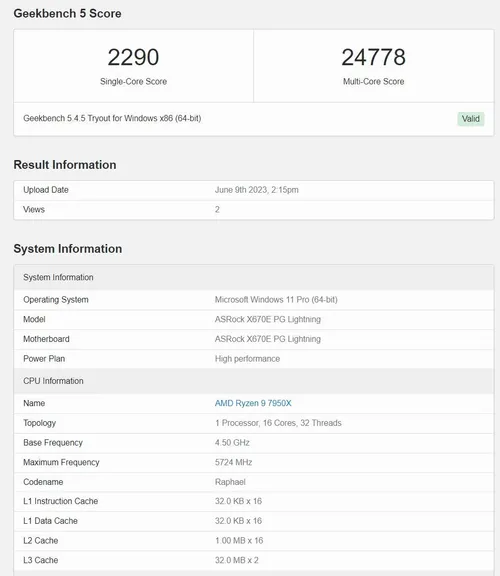 ryzen 9 7950x single core and multi core score