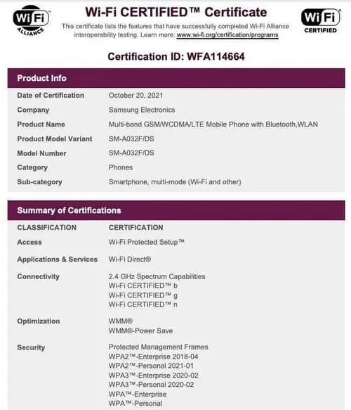 samsung galaxy a03 wi fi alliance