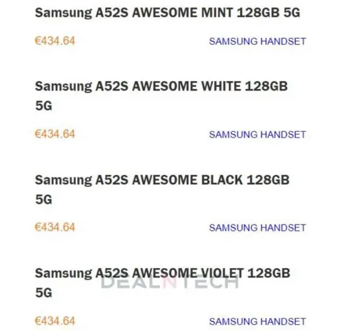 samsung galaxy a52s retailer listing