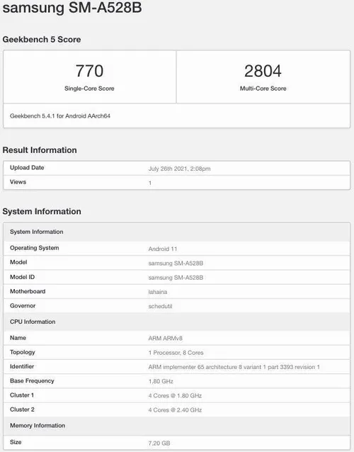 samsung galaxy a52s sm a528b geekbench