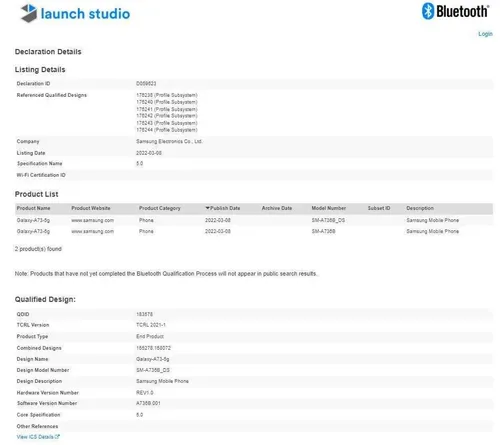 samsung galaxy a73 5g bluetooth sig database