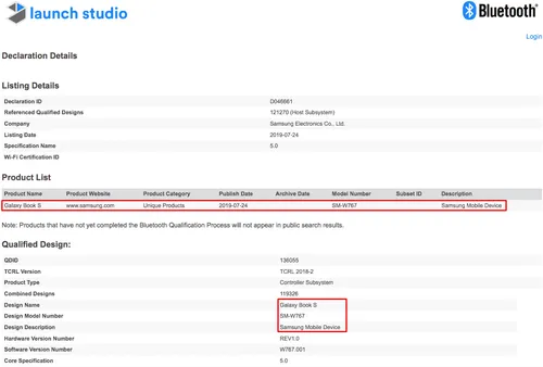 samsung galaxy book s bluetooth certif