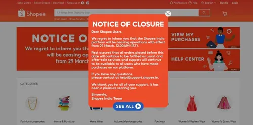 shopee india notice of closure