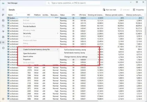 task manager with kernel dump