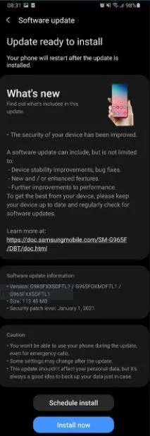 update galaxy s9 series