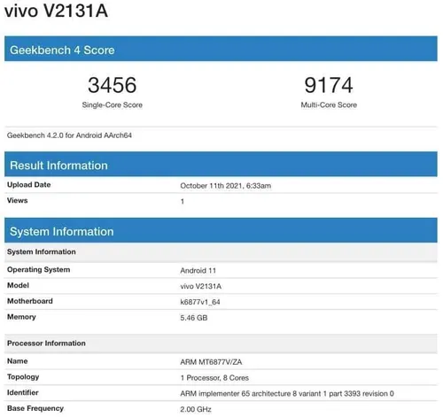 vivo v2131a iqoo z5x geekbench