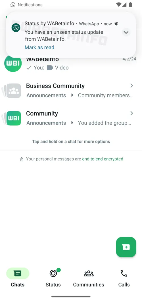 wa notification feature status updates android