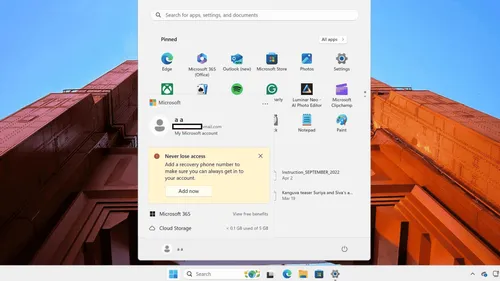 windows 11 start menu with microsoft account large
