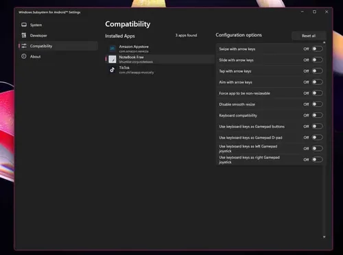windows subsystem for android app settings