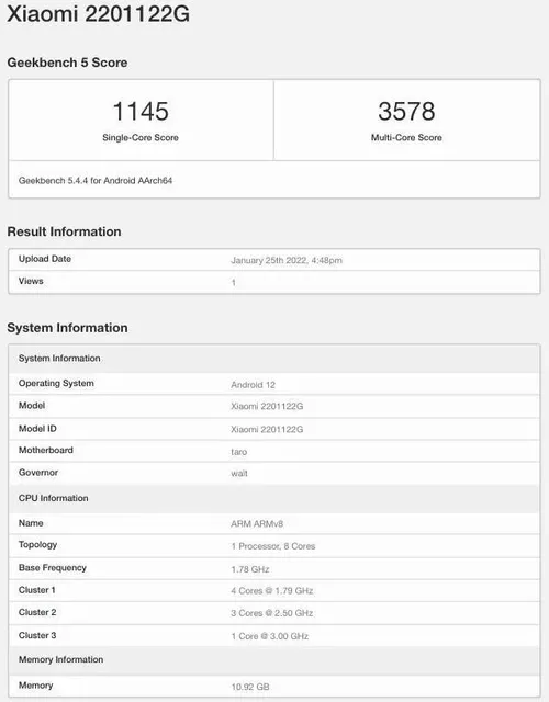 xiaomi 12 pro 2201122g geeekbench