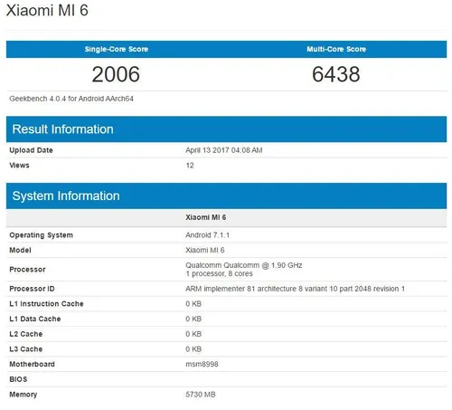 xiaomi mi 6 geekbench