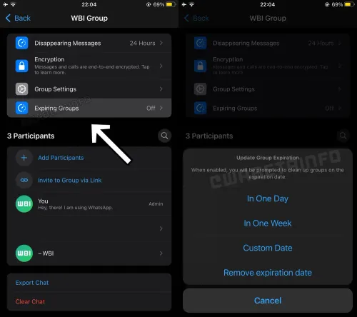 whatsapp expiring groups ios