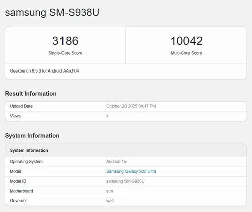 Samsung Galaxy S25 Ultra's Geekbench scores (Source: Geekbench)