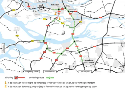 kaart omleiding heinoordtunnel 16 op 17 en 17 op 18 februari 2022