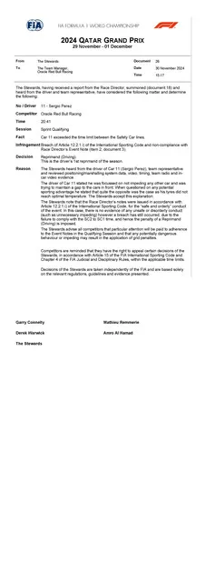 2024 qatar grand prix infringement car 11 alleged failure to follow race director s instructions sc2