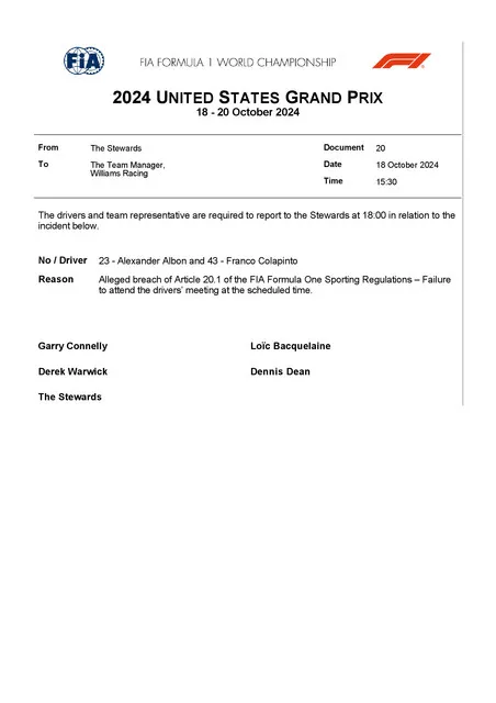 doc 20 2024 united states grand prix summons williams failure to attend drivers meeting