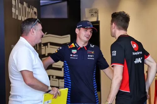 Pictured left to right: David Croft, Sky Sports presenter, Max Verstappen, Nico Hulkenberg