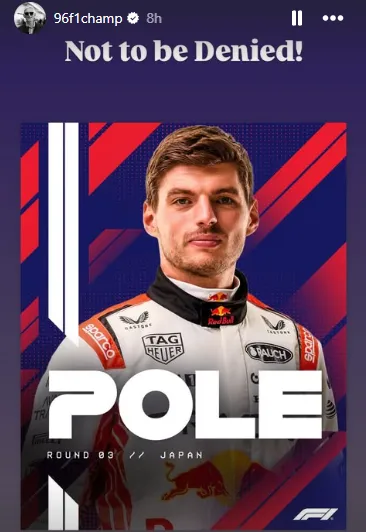 Damon Hill's Instagram post celebrating Max Verstappen's pole