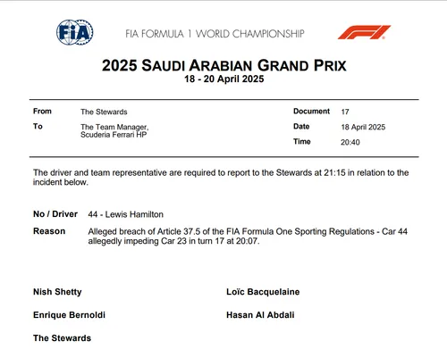 FIA Document summoning Lewis Hamilton