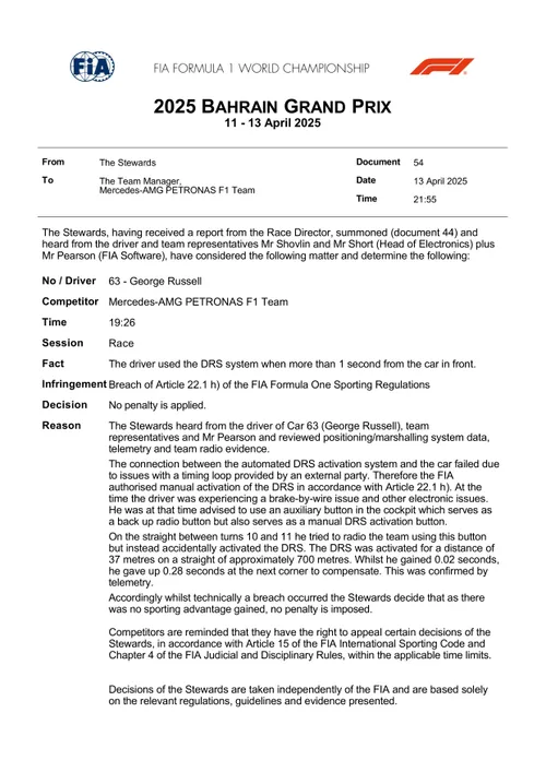 FIA Stewards' verdict on Russell's DRS infringement