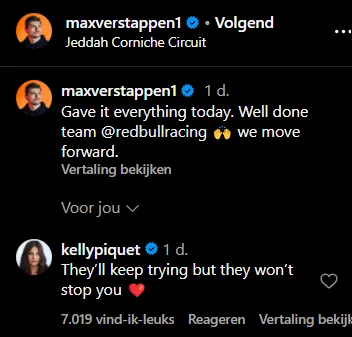 Kelly Piquet komt op voor Max Verstappen