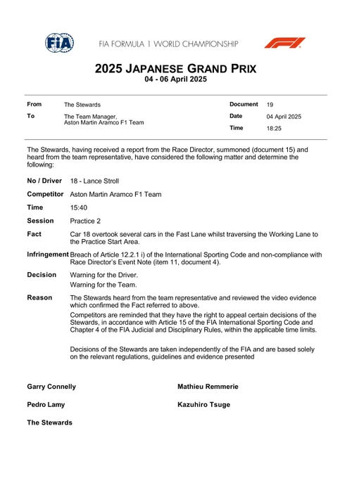 Stewards reach verdict on Stroll at Suzuka