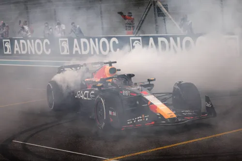 Verstappen celebrating the record-breaking 2023 season at the Abu Dhabi Grand Prix season finale