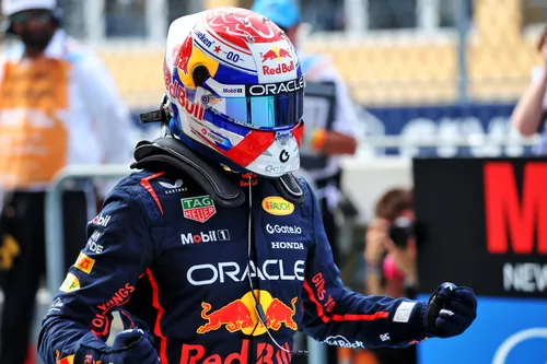Verstappen celebrating his fine pole position in Miami, just two days after he became a father