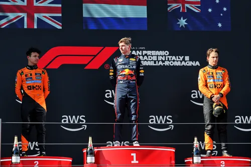 Max Verstappen on the podium at the 2025 Emilia-Romagna GP