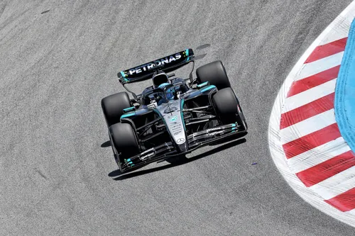George Russell driving the W16 at the Spanish Grand Prix