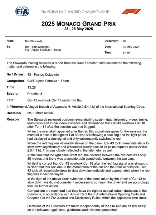 De beslissing van de stewards in Monaco