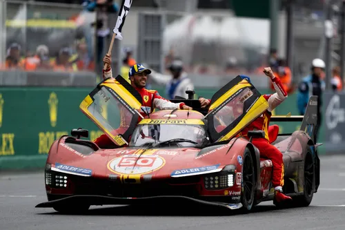 The #50 Ferrari AF Corse driven by Nicklas Nielsen, Antonio Fuoco and Miguel Molina taking their victory lap after their 2024 24 Hours of Le Mans victory.